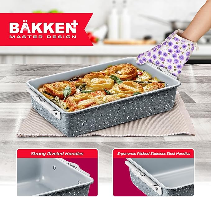 Bakken 8-Piece Stackable Bakeware Set - Ceramic Non-Stick Coating, Baking Sheets, Assorted Baking Pans, PTFE, PFOA & PFOS Free - Healthy Baking, Ergonomic Handles, Cooling Rack, Non-Toxic, Oven-Safe