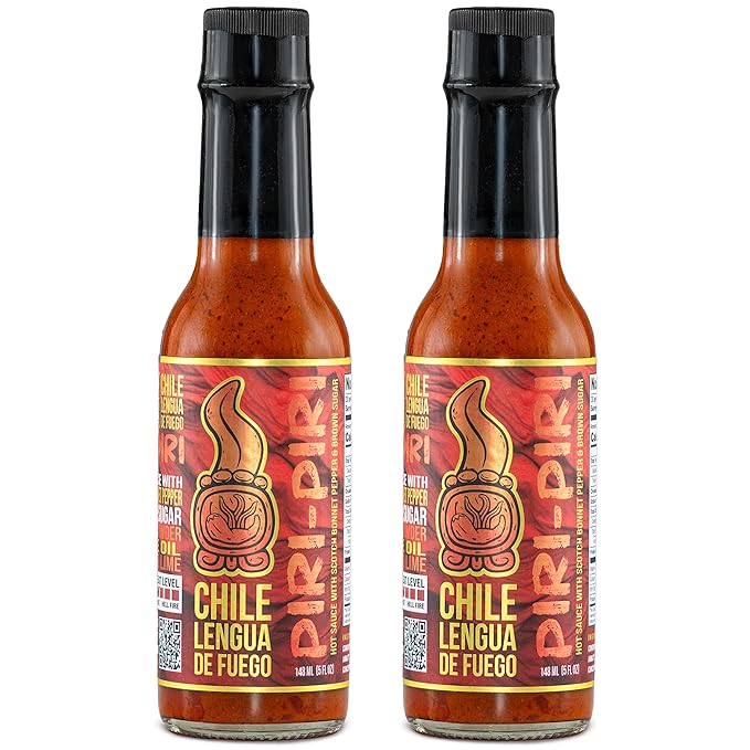 Hot Sauce | Chile Lengua de Fuego (Pack of 2, Piri Piri) – Medium Heat Gourmet Sauce with Scotch Bonnet, Lemon, Garlic & Annatto, Portuguese-Style Hot Sauce