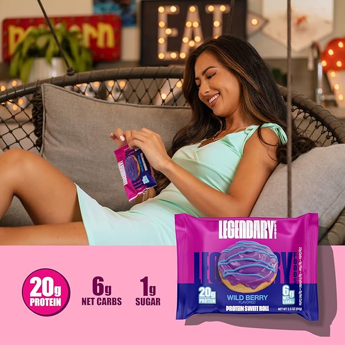 Legendary Foods 20g Protein Wild Berry Sweet Roll - Premium High Protien Bars, Low Carb Meal Replacement Snack, Low Glycemic Index, Gluten Free Snacks - Zero Sugar, Keto and Diabetic Friendly 8-Pack