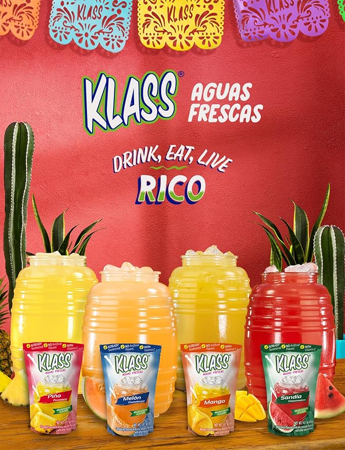 Klass Aguas Frescas | Drink Mix Tropical Variety Pack | Watermelon, Cantaloupe, Mango & Pineapple Drinks Flavors | From Natural Sources, No Artificial Flavors, With Vitamin C (Makes 7 to 9 Quarts) 14.1 Oz Family Pack (4-Pack)