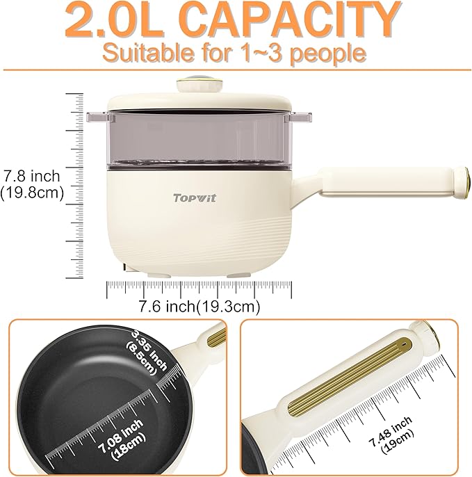 TOPWIT Hot Pot Electric with Steamer, 2L Multifunctional Electric Pot, Non-Stick Saut챕 Pan, Portable Pot for Steak, Fried Rice, Ramen, Soup with Dual Power Control (Silicone Spatula Included), Beige