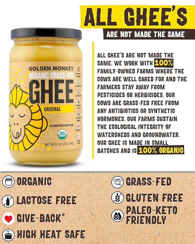 GOLDEN MONKEY Organic Ghee Butter ??Grass Fed Clarified Butter for Cooking, Baking, Keto & Gut Health ??Ghee Butter Organic Grass Fed from Small Farms ??Smooth Spread with High Smoke Point (16oz)