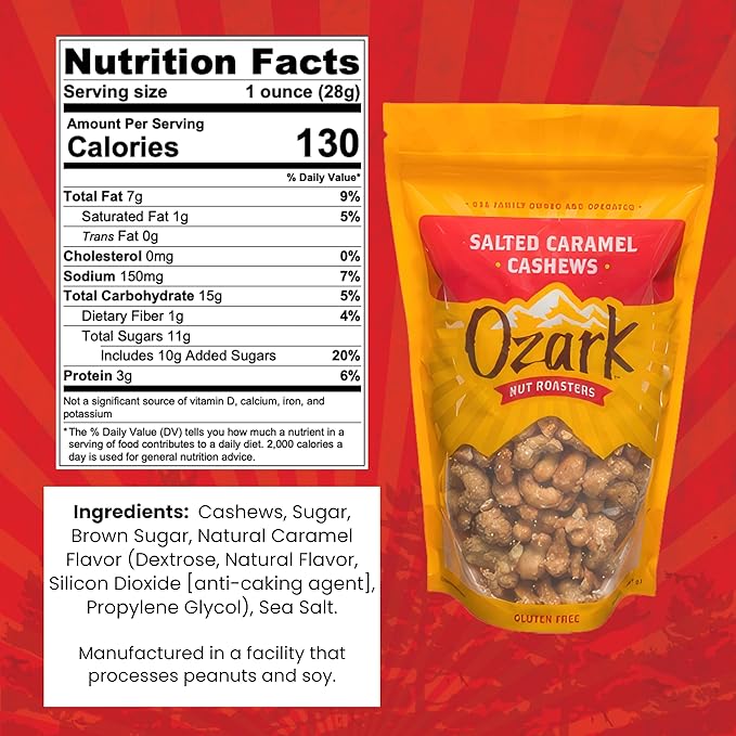 OZARK NUT ROASTERS, Salted Caramel Cashews, Flavored Snack Nuts, Gluten-Free Gourmet Candied Cashews, Blend of Sugar, Sea Salt & Caramel (14 oz)