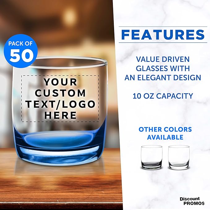 DISCOUNT PROMOS Custom Whiskey Glasses 10 oz Set of 50, Personalized Bulk Pack - Heavy Base Old Fashioned Glass, Perfect for Scotch, Bourbon, Whiskey, Cocktail - Blue Bottom Color