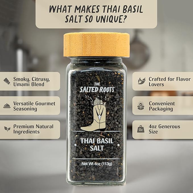 The Salted Roots - Smoked Thai Basil Salt - Infused with Thai Basil, Sauv Blanc, Lemongrass & Pomegranate - Applewood Smoked Black Hawaiian Salt - For Gourmet Cooking & Cocktails - 4oz