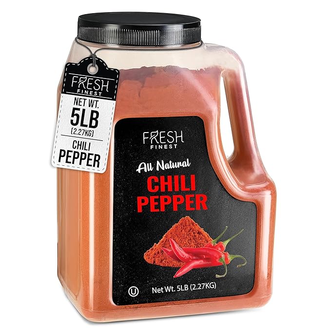 Fresh Finest Bulk Spices Commercial and Home Cooking 5 LB Chili Powder - Red Pepper Seasoning, Freshly Packed at the Source Non-GMO, Ground Red Chili Best for Stews, Meat Rubs, Salsa, and More - 5 LB