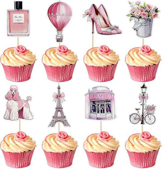 32Pcs Paris Party Cupcake Topper Pick Eiffel Tower Bicycle High Heels Flowers For Kids Birthday And Baby Shower Birthday Party Decoration