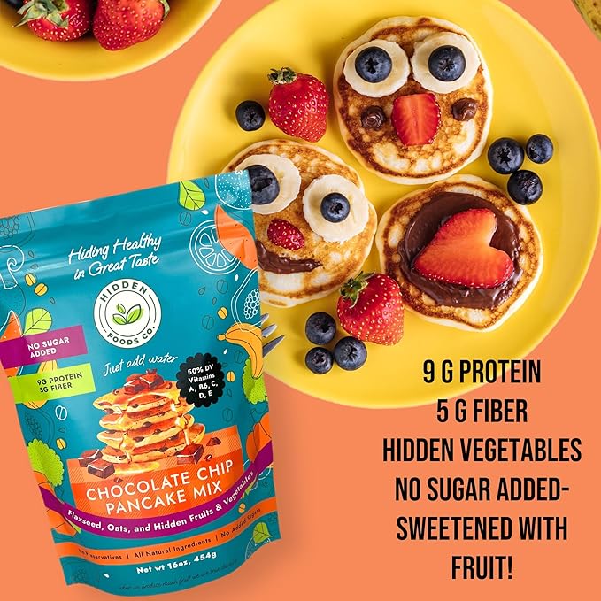 Hidden Foods Chocolate Pancake Mix with Monk Fruit ??Chocolate Chip Pancakes Perfect Breakfast - Fiber and Protein Choco Pancake Mix with Wheat & Oat Flour Blend of Vegetables - Waffle Mix 2 Pack
