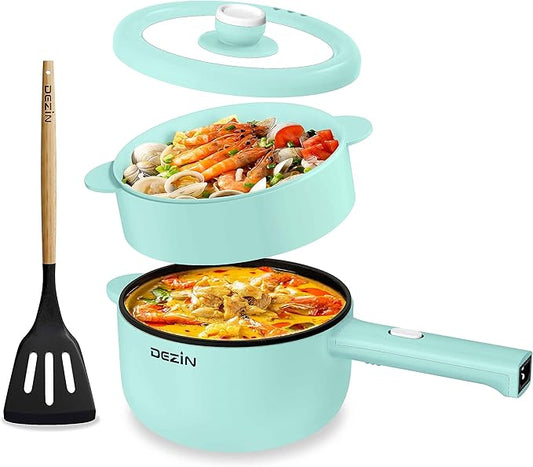 Dezin Electric Cooker, 2L Non-Stick Saut챕 Pan, Rapid Noodles Cooker, Mini Pot for Steak, Egg, Fried Rice, Ramen, Oatmeal, Soup with Power Adjustment, College Dorm Room Essential