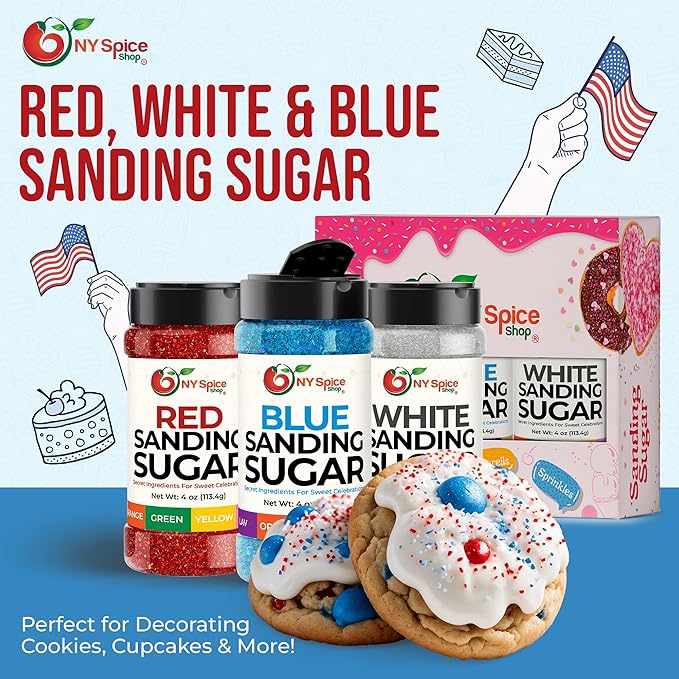 NY Spice Shop Red-White-Blue Sanding Sugar - Sweet Colorful Edible Sprinkles for Candy Dishes, Cake Decorating, and Dessert Displays - 4 Ounce (Pack of 3)