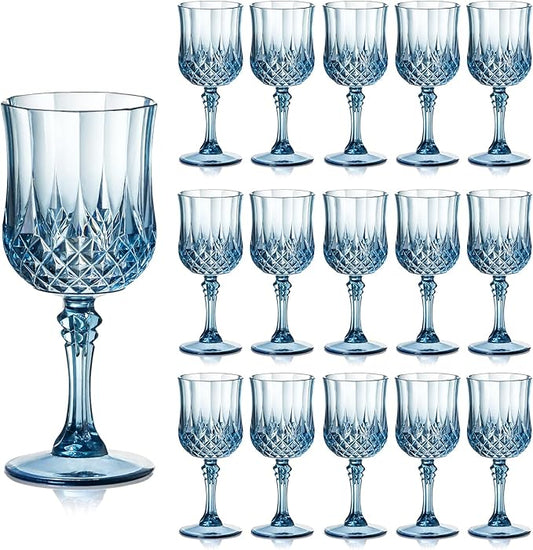 XUWAIDSGN Plastic Vintage Wine Glasses Drinking Glasses Unbreakable Wedding Glassware Crystal Water Goblets Reusable Drinkware Vintage Champagne Flutes (16, Blue)
