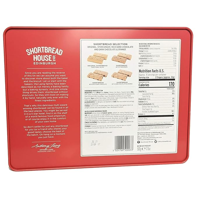 Shortbread House of Edinburgh Truly Handmade Shortbread Fingers, 17.6oz Selection Tin (Pack of 1)