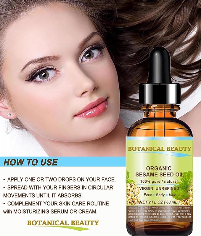 Organic SESAME SEED OIL 100% Pure Natural Virgin Unrefined Undiluted Cold Pressed Carrier Oil for Face, Skin, Body, Hair, Massage, Nails. 2 Fl. oz - 60 ml by Botanical Beauty