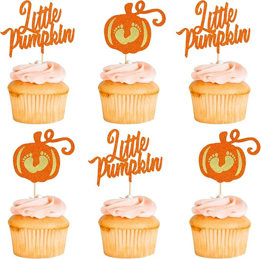 24Pcs Little Pumpkin Cupcake Toppers - Baby Shower Cake Decorations - Baby Feet Pumpkin Cupcake Picks for Thanksgiving Halloween Kids Birthday Party Decorations - Orange Glitter