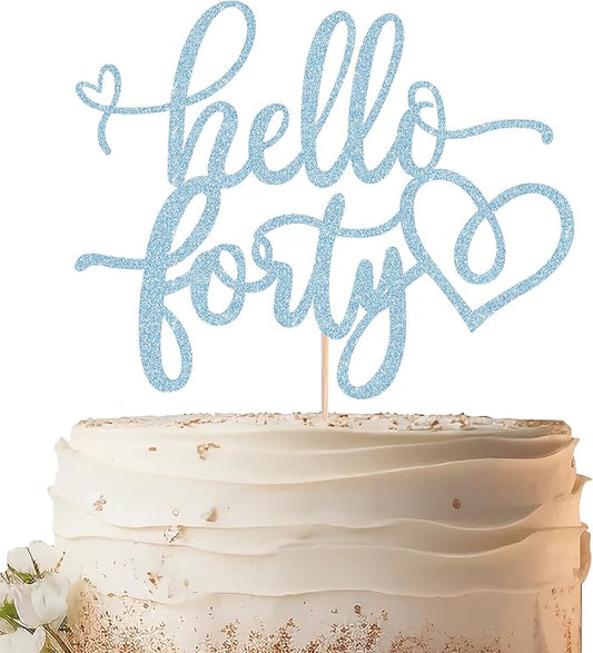 Hello Forty Cake Topper - Light Blue Glitter 40th Birthday Cake Decorating Supplies for Women, Hello 40 Cake Decor for 40th Birthday/Anniversary Party Photo Booth Props