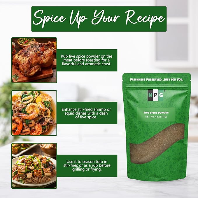 NPG Authentic Chinese Five Spice Powder 4 Ounces, Gluten Free, All Natural Ground Chinese 5 Spice Powder, No Preservatives No MSG, Mixed Spice Seasoning for Asian Cuisine & Stir Fry