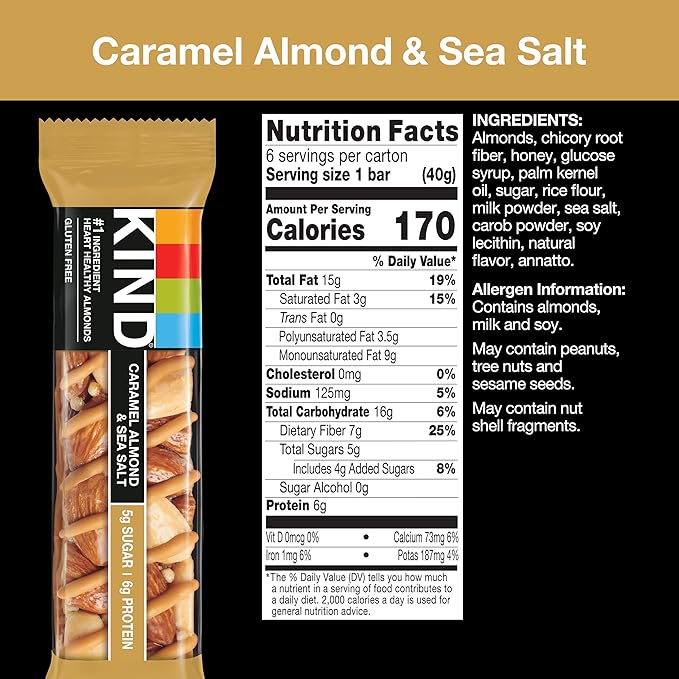 KIND Nut Bars, Caramel Almond & Sea Salt, Healthy Snacks, Gluten Free, Low Sugar, 6g Protein, 24 Count