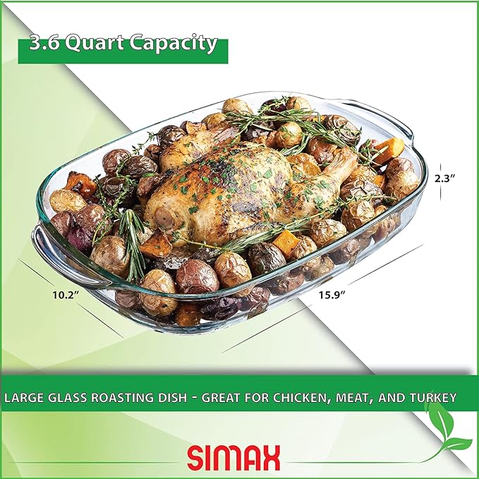 Simax Clear Glass Roaster Dish: Large Rectangular Roaster Pan For Baking And Cooking - Oven and Dishwasher Safe Cookware ??3.5 Quart Oven Pan