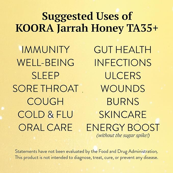 KOORA Jarrah Honey TA 35+ (MGO 2000+ Manuka Honey Rating Equiv.) Low GI, Medical Grade for Daily Health & Immune Support, Raw from the Ancient Forests of Western Australia 8.8 oz