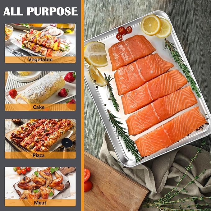 2Pcs Baking Sheet Pan Set, Joyfair Stainless Steel Cookie Sheets, Commercial Metal Pans Toaster Oven Tray Bakeware for Jelly Roll/Bread/Bacon, Heavy Gauge, Rust-free & Dishwasher Safe (12.5 Inch)
