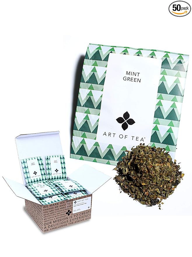 Art of Tea | Organic Mint Green Tea | 50 Count Eco Friendly Pyramid Tea Bag Sachets