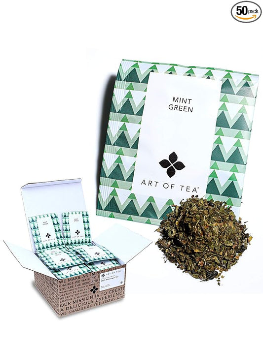 Art of Tea | Organic Mint Green Tea | 50 Count Eco Friendly Pyramid Tea Bag Sachets
