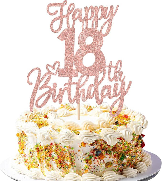 1 PCS Happy 18th Birthday Cake Topper Glitter Cheers to 18 Years Birthday Cake Pick Eighteen Hello 18 Fabulous Cake Decorations for Happy 18th Birthday Anniversary Party Supplies Rose Gold
