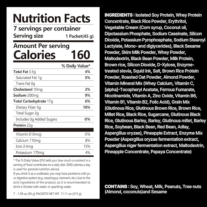Black Sesame Protein Shake, 22g Protein, Low Sugar, Keto-Friendly Meal Replacement Shake, 1.59oz, 7packs, With Crunchy Protein Balls