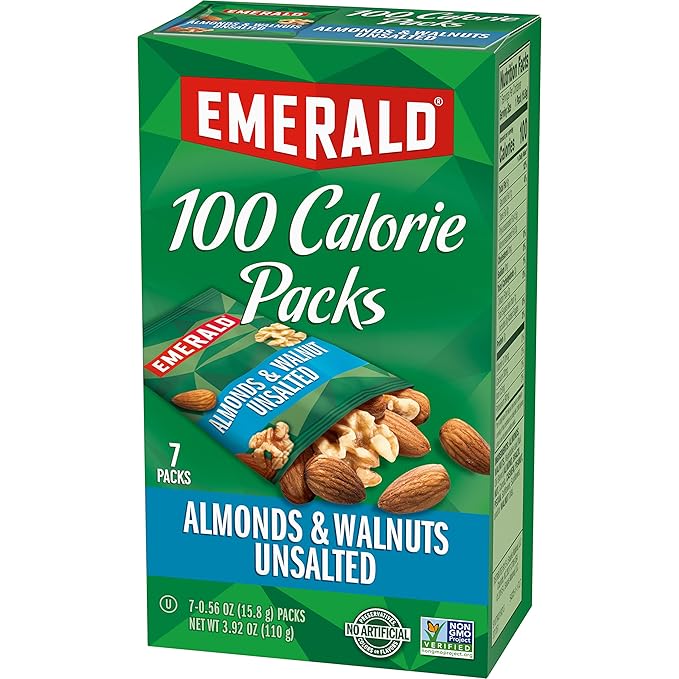 Emerald Nuts Unsalted Almonds and Walnuts 7 Ct (1-Pack), 100-Calorie Individual Packs of Nut Blend, Kosher Certified, Non-GMO, Contains No Artificial Preservatives, Flavors or Synthetic Colors