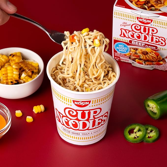 Nissin Cup Noodles Soup, Beef Flavor, Microwaveable Paper Cups, Instant Ramen, 2.25 Ounce (Pack of 12)