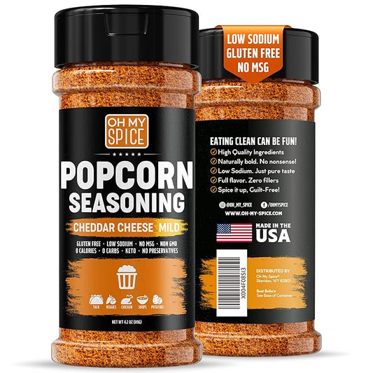 Popcorn Seasoning Cheddar Cheese Powder Mix - Gluten Free & Low Sodium Mild Nacho Cheese Powder Flavor Popcorn Flavoring Seasoning. Movie Theater Pop Corn Topping. Spicy Pop Corn Salt Seasonings 4.2oz
