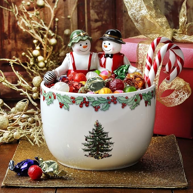 Spode Christmas Tree 9-Inch Candy Bowl - Mr. & Mrs. Snowman Decorative Earthenware Bowl for Serving Candy, Nuts, Holiday Treats - Festive Tableware & Charming Holiday Decor - Dishwasher Safe