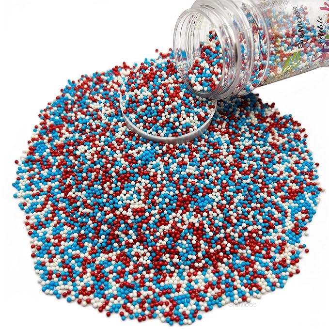 SE Si&Moos 4th of July Nonpareil Sprinkles, 2mm Red White and Blue Mini Edible Pearls Patriotic Sprinkles Independence Day Cupcake Decorations Red White Blue Nonpareils Wedding Shower Party Christmas Holiday Supplies 3.5 OZ