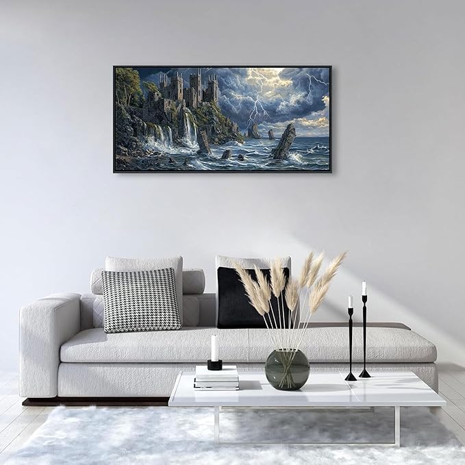 QZQCBLC Canvas Wall Art Framed, Medieval Style Vicissitudes Castle Wall Pictures for Living Room Bedroom Kitchen Bathroom Office Ocean Cliff Lightning Landscape Paintings Home Decor 20"X40"