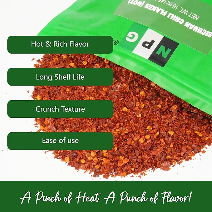 NPG Authentic Sichuan Chili Flakes 16 Oz, Extra Hot, Szechuan Crushed Red Pepper Flakes Bulk, Essential Spice Seasoning for Making Kimchi, Chili Oil, Stir-fry, Pizza, Salads, and Tacos