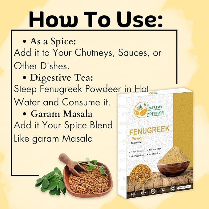 Herbs Botanica Fenugreek Powder Organic 100% Pure & Natural Methi for Hair, Skin, Cooking & Wellness Finely Ground Herbal Powder for DIY Beauty & Seasoning 5.3 oz Resealable Pack