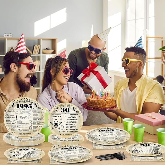 96Pcs Back in 1995 Birthday Plates and Napkins 30th Party Decorations Vintage 30 Year Old Party Dessert Plates 1995 Tableware for 24 Guests 30th Theme Men Women Birthday Supplies