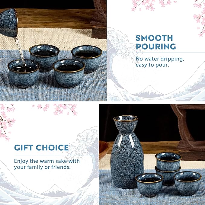 DUJUST 5 pcs Japanese Sake Set, Kiln Altered Glaze Porcelain Sake Set, 1 Bottle, 4 Cups & 1 Gift Box, Warm Carafe, Special Japanese Gift Set - blue