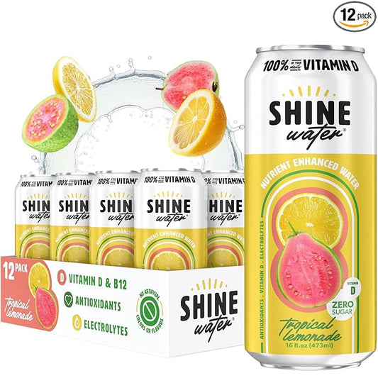 ShineWater Vitamin D Hydration Electrolyte Drink - Flavored water with electrolytes, Sugar-Free, Magnesium, Zinc, Vitamin B12, Plant-Based, Low Calorie - Tropical Lemonade Fruit Water 12 Pack