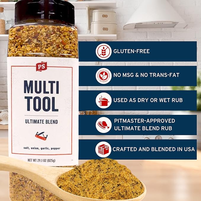 PS Seasoning Multi Tool Ultimate Blend - All Purpose Seasoning 29.1oz - Classic SPG BBQ Seasoning for Smoking, Grilling, Multipurpose Dry BBQ Rub & Topping for Steaks, Burgers, Veggies, Chicken, Beef