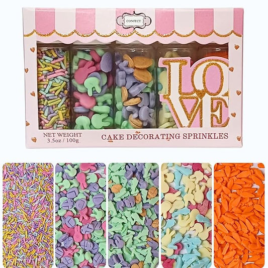 Confect Easter Sprinkles Edible | Assorted pack of 5 Pink, Yellow, Red, Silver and Green Vermicelli and Easter Bunny I Cookies, Desserts & cupcake Decorating | Edible Sprinkles Mix for Baking & Cake