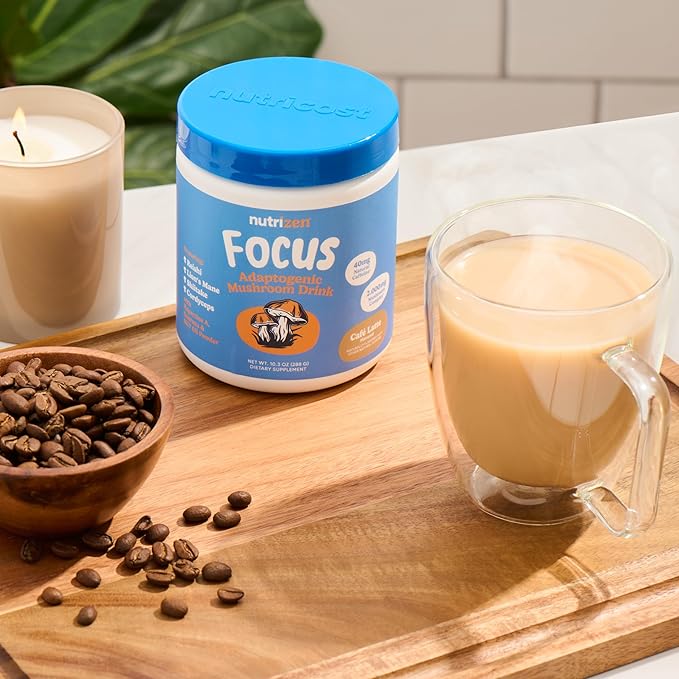 Nutricost Nutrizen AM Focus Adaptogenic Mushroom Drink (Cafe Latte Flavored) 30 Servings - Includes Reishi, Lion's Mane, Shiitake, Cordyceps