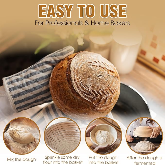 Banneton Bread Proofing Basket Set of 2, 9 Inch Round Sourdough Basket with Liners, Handmade Rattan Dough Proofing Bowl for Artisan Bread Making, Ideal for Bakers (Round 9 inch set 2 Pcs)