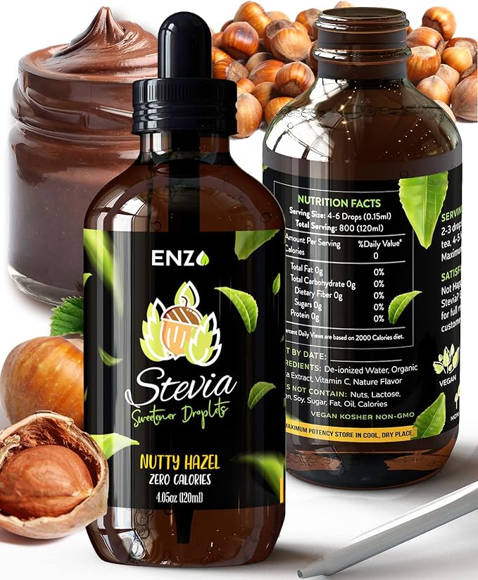 Enzo Liquid Stevia Drops Our Zero Calories Sweetener (4oz - 800 Servings/Bottle) - Nutty Hazel - All Natural flavoring with No Artificial Additives & Filler Ingredient