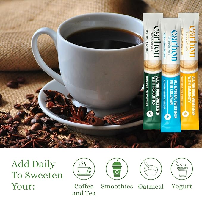 Carbon Sweeteners Variety Pack ??Stevia Sweetener Packets with Collagen, Turmeric, and Inulin ??Supports Joint, Skin, Immunity & Gut Health ??30 Single Serve Sachets (3 Functional Flavors, 10 Each)