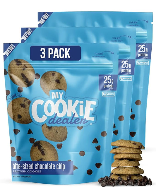 My Cookie Dealer Protein Cookies, Bite-Sized Crunchy Chocolate Chip (5oz, Pack of 3) - 25g Protein per Bag - Individually Wrapped Workout Snacks for On-The-Go Travel, Vegan
