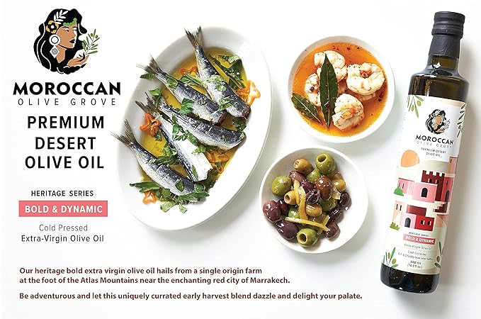 MOROCCAN OLIVE GROVE - Bold & Dynamic - Premium Desert Extra Virgin Cold Extracted Olive Oil, 100% Single Origin from Morocco, Polyphenol Rich - 16.9 Fl oz (500ml) (Red 500ml *)