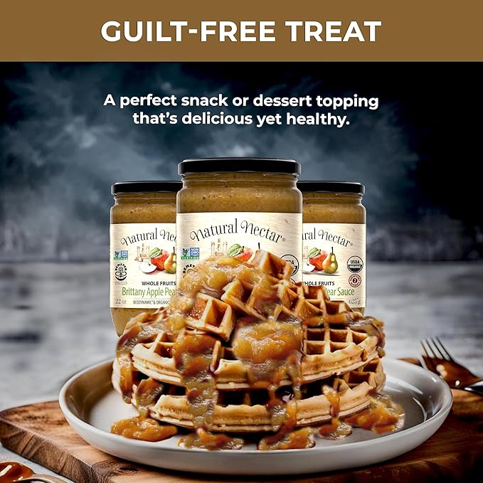 Natural Nectar Biodynamic & Organic Brittany Apple & Pear Sauce, Pack of 3 - Perfect for Breakfast, Snacks, or Desserts | USDA Organic Apple Sauce Certified, No Added Sugars ??22 oz Each