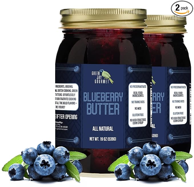 Green Jay Gourmet Blueberry Butter - All-Natural, Gluten-Free Fruit Spread - Blueberry Spread with Fresh Blueberries - Gourmet Fruit Butter - No Corn Syrup, Preservatives or Trans-Fats - 2 x 19 Ounces