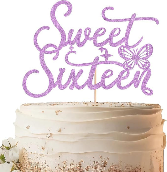 Sweet Sixteen Cake Topper - Purple Glitter Butterfly Theme Sweet 16 Birthday Cake Decorating Supplies for Girls, Sweet 16 Cake Topper for Happy 16th Birthday Anniversary Party Photo Booth Props